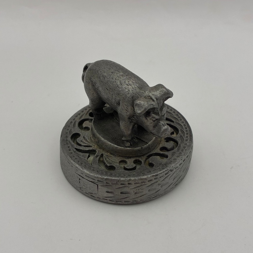 Vintage Pewter Pig Figurine Filigree Miniature Desk Decor